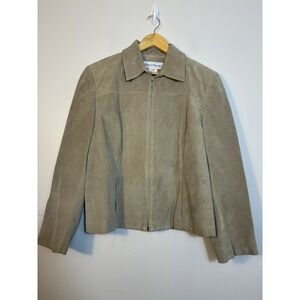 RENA ROWEN suede leather Full Zip Jacket Women's 14W Tan Pockets‎ Vintage